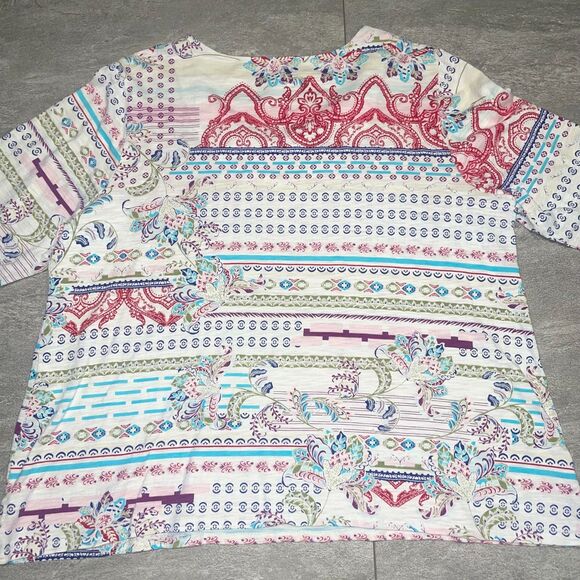 Chico's Sz 3 Scoop V-Neck 3/4 Sleeve Colorful Paisely Office Church Comfy Mature - Picture 5 of 6